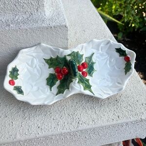 Vintage Lefton Japan White Ceramic Sectional Candy/Nut Dish w/Holly and Berries